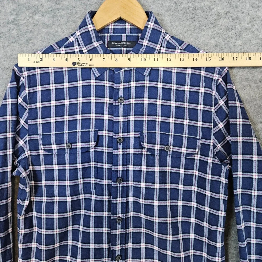Banana Republic Mens Blue Windowpane Shirt Size S Luxe Flannel Untucked Slim Fit